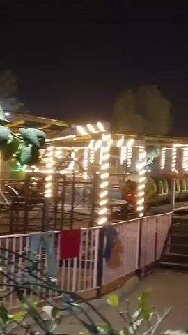 The video shows an amusement park at night. There is a Ferris wheel and another tall ride, both illuminated with strings of lights. There are trees and bushes scattered around, and a few benches are visible. The ground is paved. The rides are mostly still, but one may be turning slowly. The video is a little shaky.