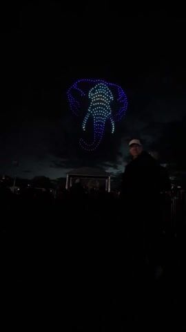 A crowd of people is gathered at night. In the dark sky above them, a formation of drones creates a glowing, colorful image of an elephant. There is a stage set up in front of the crowd, though it is dimly lit. A person wearing a hat and jacket stands in the foreground, appearing to watch the drone display.