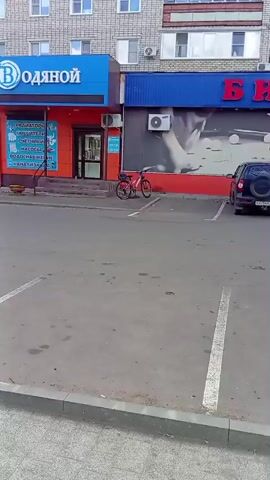 The video pans from left to right across a parking lot in front of a building. On the left, a red bicycle is parked near the entrance of a store with a blue and orange facade. The store has signage in Russian that reads "ЯДЯНОЙ". Next to it is another store with a blue facade and red lettering that reads "БИЛЬЯРДА". This store has a large mural on its wall depicting people playing billiards. A black SUV is parked in a parking space in front of the "БИЛЬЯРДА" store. Another black car is partially visible on the right side of the frame, also in a parking space. The building appears to be an apartment complex with multiple stories and windows. The ground is paved with asphalt, and parking lines are visible. The sky is overcast.