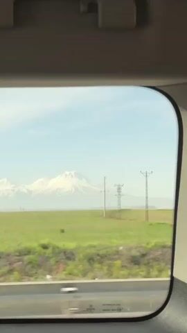 The video shows a view from inside a moving vehicle, likely a car, looking out of a side window. The camera is static and the perspective is slightly upward. Outside the window, a landscape is visible. There is a green field with some patches of yellow flowers and low-lying bushes. In the distance, there are snow-covered mountains under a light blue sky with some clouds. There are also telephone poles visible in the field. The guardrail of the road on which the vehicle is traveling is visible along the bottom edge of the frame. The interior of the car is also visible, including the headliner with a clip or hanger.