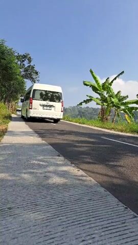 A white van drives up a paved road on a sunny day. A concrete sidewalk is on the left side of the road. There are trees on the left side of the road and banana trees on the right side of the road. A person on a motorcycle drives past the van.