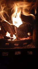Wood-burning stove captured in active use, flames visible