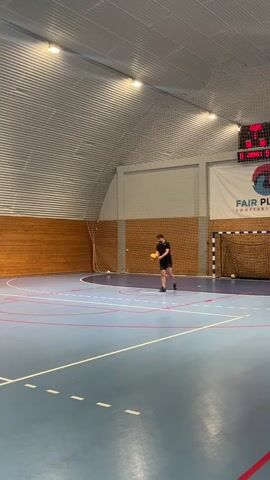 Inside a blue and red-lined gymnasium with a wooden wall and a corrugated metal ceiling, a person in black throws a yellow ball towards a handball goal. Other people, some in white shirts, some in black shorts, watch the throw. The ball makes it into the goal. One person claps.