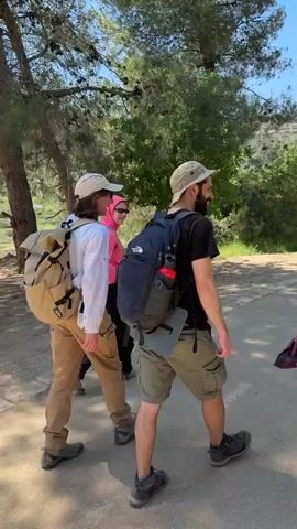 A group of four people is walking along a narrow paved road on a sunny day. Two people are in the foreground and have backpacks on.  The person on the left has a beige backpack, is wearing a white shirt and khaki pants, and a white baseball cap.  The person on the right has a blue backpack, is wearing a black t-shirt and olive green shorts, and a beige hat. Behind them are two more people, one wearing a pink hooded top and the other wearing a red plaid shirt. A small dog is walking alongside the group.  The road is lined with trees.  In the distance is a hillside with some buildings on top.