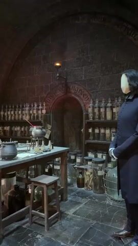 A figure resembling Severus Snape from Harry Potter stands in a dimly lit potion laboratory. The room is constructed of dark stone and filled with shelves packed with various bottles, jars, and vials containing mysterious substances. A workbench on the left holds a cauldron bubbling over a flame, along with beakers and test tubes. The overall atmosphere is dark and moody, fitting for a potions master's workspace.