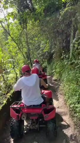 The video shows several people riding red ATVs on a dirt path through a lush green forest. The focus shifts from an overview of the group to a first-person perspective from the driver of one of the ATVs, showing the handlebars, controls, and view of the trail ahead. The driver's hand, adorned with a red and white bracelet, can be seen operating the vehicle. The environment is characterized by dense vegetation, including trees and plants lining both sides of the path. The overall atmosphere suggests an outdoor recreational activity in a natural setting.