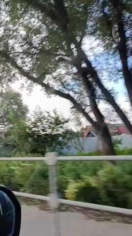 The video shows a view from a moving vehicle, likely a car, on a road. The scene transitions from a rural or suburban area with houses and trees to a more open road with a pedestrian crossing and a lamppost. In the foreground, part of the vehicle's interior, including a side mirror, is visible. The environment appears to be outdoors with vegetation and a cloudy sky. There are a few people visible sitting by the side of the road, possibly waiting or resting. A truck is seen driving away in the distance on the road. The video seems to be a recording of a journey or a drive through the area.