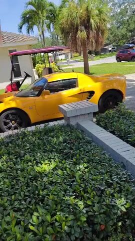 A bright yellow sports car is parked next to a golf cart in a driveway. The sports car is a Lotus Elise. The golf cart has a purple canopy. There are bushes and palm trees in the background. The car is positioned close to a low brick wall. The scene appears to be outdoors on a sunny day.