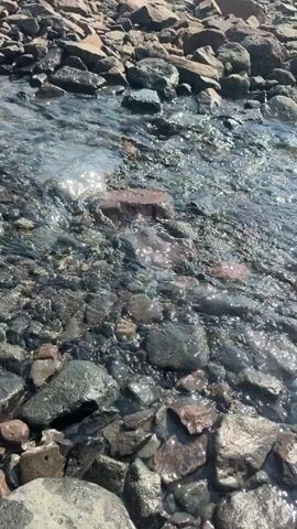 A slow-motion, first-person perspective video shows a rocky terrain with a shallow stream of water flowing through it. The stream bed is composed of various-sized rocks, some submerged in the water and others forming the banks. The water is clear, reflecting the sunlight and the surrounding rocks. As the camera moves forward, the terrain slopes upward, revealing more rocks and sparse vegetation on the banks. In the distance, a person can be seen walking away from the camera up the rocky slope, with a line of trees visible further up the hillside against a hazy, light blue sky.