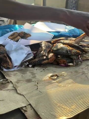 A close-up shot shows a person's hand holding up a small, fried fish. In front of the hand, a pile of fried fish is displayed on a blue tarp, mixed with chopped red onions. The fish appear to be small and whole, possibly intended for sale at a market. The foreground consists of pieces of corrugated cardboard, suggesting an outdoor or makeshift setting. The lighting suggests it is daytime, possibly late afternoon due to the warm tones. The overall scene is a market stall displaying fried fish for sale.