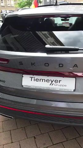 A medium shot shows a gray car with a Tiemeyer Gruppe license plate. The camera pans from the back to the front, revealing the car's exterior, interior, and a person sitting inside. The car has red accents on the back and a black interior with digital screens on the dashboard. The windows reflect the surrounding environment, including buildings and a person's reflection. A German flag is visible near the front passenger window.