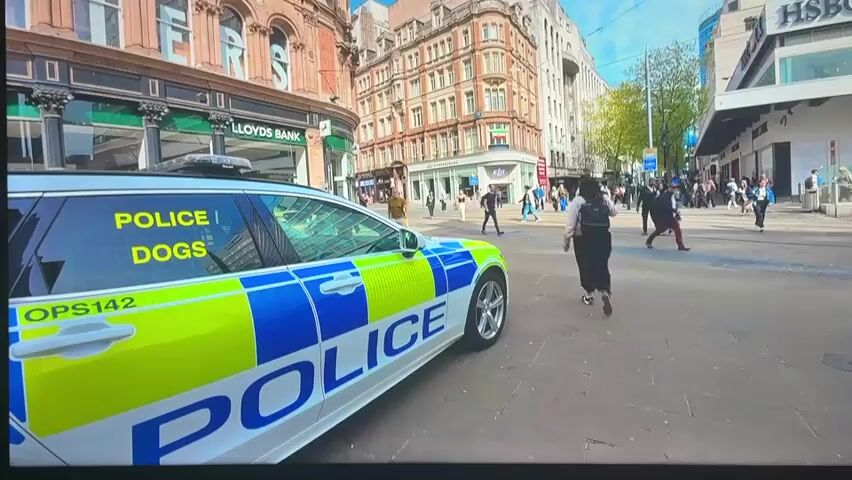 The video shows a street scene with a police car in the foreground. The police car is white with blue and yellow markings and says "POLICE" on the side. There are also words "POLICE DOGS" on the rear window. The car has the license plate "OPS142". In the background, there are several buildings with shops, including a "LLOYDS BANK" sign. People are walking on the street. One person in the foreground, facing away from the camera, is wearing a grey hoodie and blue jeans. Another person, a woman with dark hair and a backpack, is walking away from the camera towards the right. A person in the foreground raises their hand, seemingly waving. The sky is visible in the background and it appears to be daytime with some sunlight.