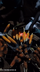 Street vendor grills corn over coals in floral shirt