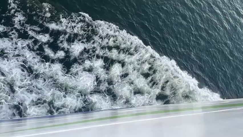 This media file captures a dynamic scene from the perspective of a moving vessel, likely a ferry, as it navigates through the waters near Nynäshamn, Sweden. The primary subject is the turbulent wake left behind the boat, a frothy expanse of white foam and churning water that trails diagonally across the frame. This wake contrasts sharply with the deep, dark, and relatively calm water of the sea on the right side of the image.

The setting is the open sea, with a shoreline visible in the distance on the right side of the frame. This coastline appears to be dotted with trees, suggesting a natural, perhaps island or mainland, environment. The water itself is a deep blue-green, hinting at clear conditions.

The activity taking place is the movement of the vessel through the water, generating the prominent wake. The perspective is looking down and out from the side of the boat, offering a clear view of the churning water.

Notable details include the time of day, which appears to be either early morning or late afternoon, judging by the soft, warm lighting that casts a gentle glow on the water and the distant shoreline. The sky seems clear, implying fair weather. The side of the vessel is partially visible at the bottom of the frame, showing a white surface with thin green and white horizontal stripes. There is no visible text in the media. The overall impression is one of motion, the power of the sea, and the serenity of a journey through calm waters.