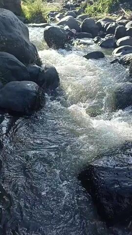 A video displays a rocky stream with flowing water. The water is clear and moves swiftly over dark, smooth rocks, creating small splashes and ripples. The stream is surrounded by more rocks of various sizes, some appearing mossy or wet. The background is blurred but suggests greenery and sunlight filtering through. The camera angle is focused on the water and rocks, giving a close-up view of the natural scene. There are no people or animals visible in the video. The overall impression is one of a serene, natural environment.