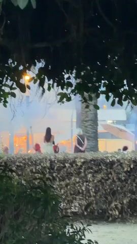 The video captures a distant view of an outdoor event, possibly a celebration or festival. In the foreground, lush green foliage partially obstructs the view. Behind the foliage, a low hedge separates the viewer from the main scene. Several people are visible, some standing and others obscured by the hedge. The focal point is a display of fireworks or sparklers creating bright, fiery bursts of light and sparks. A tall palm tree stands to the right of the frame, and in the background, buildings with illuminated windows suggest an urban or developed area. The overall atmosphere appears festive and lively, with the dynamic light show dominating the scene.