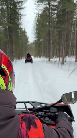 The video shows the first-person perspective of a person riding an orange all-terrain vehicle (ATV) on a snow-covered path through a forest. The rider is wearing a helmet with a red, black, and green design and grey gloves. Ahead, another ATV, colored red, is being ridden by one or two people, further down the snowy path. The path is surrounded by tall trees, including pines and birch, with snow covering the ground and branches. The sky appears overcast. The camera is mounted on the ATV, capturing the handlebars, the ATV's display, and the side mirror. The ATV is moving, as evidenced by the changing scenery.