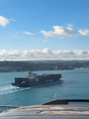 Container ship transits Bosphorus Strait near Istanbul