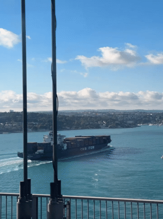 Container ship transits Bosphorus Strait near Istanbul