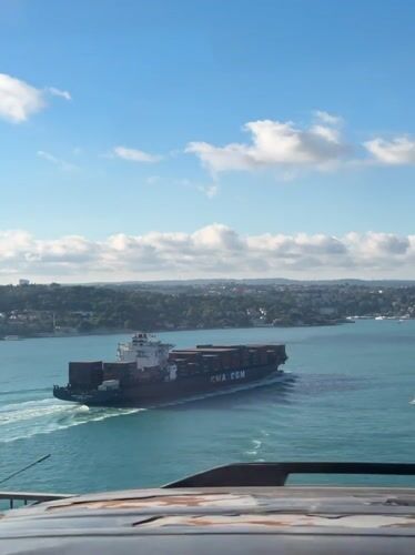 Container ship transits Bosphorus Strait near Istanbul