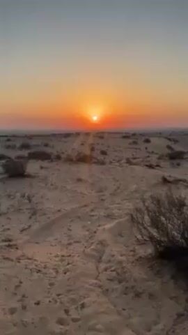 The video shows a desert landscape at sunset with a dirt road. The camera pans to two tan military vehicles parked on the side of the road. A soldier is visible in the top of one of the vehicles. The vehicles have antennas, markings, and license plates.
