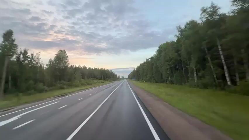 The video shows a POV shot of a car driving on a highway through a forest. The road is asphalt with white lane markings. On either side of the road are dense green trees. The sky is overcast with some patches of pink and orange light, suggesting sunrise or sunset. There are no other vehicles or people visible on the road.