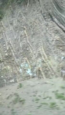 The video shows a blurred view of a rocky cliff face with greenery growing on it. The camera appears to be moving, possibly from inside a vehicle. There are some signs visible on the side of the road, including a speed limit sign that indicates "50". The overall impression is of a scenic drive through a natural landscape.