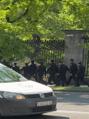 Police gather near ornate fence in Yerevan Armenia