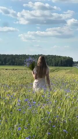 The video shows a person from behind, walking through a field of tall green grass and blue flowers. The person has long blonde hair and is wearing a light-colored dress. They are holding a bouquet of blue flowers in their right hand. The field extends to a treeline in the background, and beyond that, a road with some vehicles can be seen. The sky is blue with fluffy white clouds. The camera is positioned behind the person, following them as they walk away from the viewer.