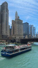Chicago River walk, tour boats, skyline, and a coffee stop