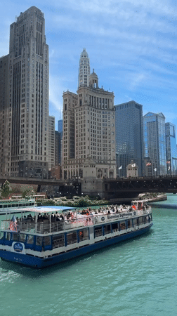 Chicago River walk, tour boats, skyline, and a coffee stop