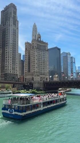 Chicago River walk, tour boats, skyline, and a coffee stop