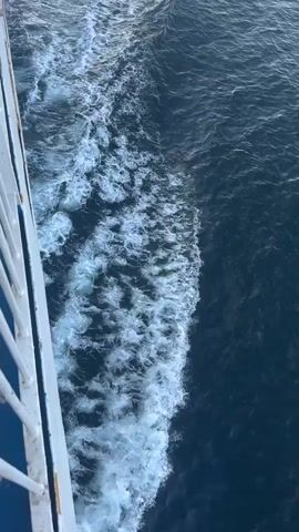 A video shows the wake of a boat moving through dark blue water. The camera angle is looking down and to the right, showing the side of a white boat on the left and the churning white water of the wake extending out into the sea on the right. The wake is foamy and turbulent, with smaller waves trailing behind the boat. Further out, the ocean appears calmer with larger, rolling waves visible. The sky is visible in the distance as a light, hazy blue. There are no people visible in the video. The video is approximately four seconds long.