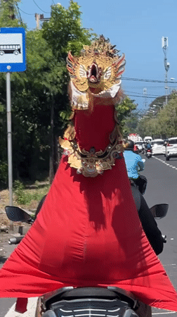 Elaborately costumed rider in mythical mask navigates Denpasar streets