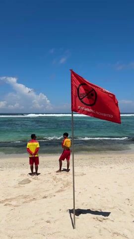 The video shows two lifeguards standing on a sandy beach next to a red flag that reads "SWIMMING PROHIBITED." The sky is blue with a few clouds, and the ocean is a turquoise color with waves visible in the background. The lifeguards are wearing yellow shirts and red shorts. The red flag has a symbol indicating swimming is prohibited. One lifeguard is talking, and the other is holding something small in his hand.