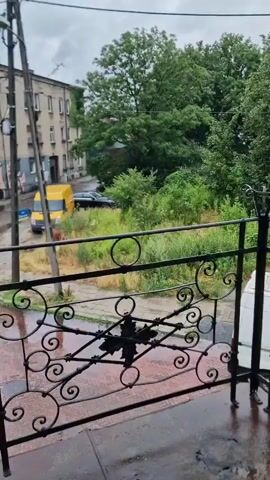 The video captures a view from a balcony, overlooking a street scene on a cloudy or rainy day. In the foreground, a black metal railing with decorative scrollwork is visible. Beyond the railing, a wet street with red brick paving is observed. To the left, a tall utility pole with wires and a street lamp stands. Further back, a multi-story building with a light-colored facade and windows is situated. A yellow van is parked on the street, with a black car parked behind it, partially obscured by overgrown green vegetation. The vegetation appears dense and wild, suggesting an unkempt area. The sky is overcast, contributing to a dim, possibly damp atmosphere. The overall impression is that of an urban or semi-urban environment experiencing inclement weather.