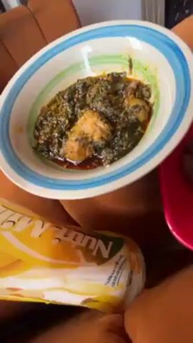 The video shows a bowl of green stew with meat chunks and a small red plate holding a portion of dark, dense food. A carton of "Nutri-Milk" lies next to the dishes, all resting on what appears to be an orange or brown upholstered surface. The camera angle provides a close-up view, focusing on the food and beverage.