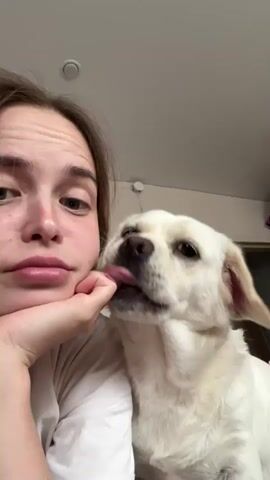 This media file is a close-up, low-angle video recording of a young woman and a light-colored dog. The woman is positioned on the left side of the frame, with her head resting on her hand and her eyes closed, conveying an emotion of weariness or sadness. She is wearing a white t-shirt. The dog, a medium-sized dog with cream-colored fur, is on the right side of the frame, leaning in towards the woman. The dog's tongue is out, and it appears to be licking the woman's face or cheek. The background is indistinct, suggesting an indoor setting, possibly a home environment. The lighting appears to be natural, indicating daytime. There is no visible text in the media file. The location context provided is Азинский, Russia, but this is not visually evident in the clip.