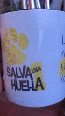 Person holds decorated white mug with paw print design