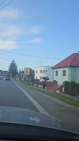 The video shows a view from inside a vehicle traveling down a paved road. On the right side of the road, there is a sidewalk and several houses. A yellow triangular road sign with a black border and an image of children walking is visible on the right side of the road, accompanied by text that appears to read "POZOR SKOLA", indicating a school zone. Further down the road, there are more houses and trees. The sky is blue with some clouds. The car passes by a tall evergreen tree and continues down the road.