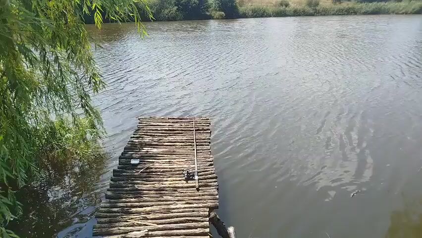 A wooden dock extends into a body of water. A fishing rod lies on the dock. The water is calm with a slight ripple. Trees and vegetation line the opposite bank. Another wooden structure, possibly a bench or table, is visible on the right side of the frame, partially obscured by weeping willow branches. The sky is overcast. The video pans slightly to the right.