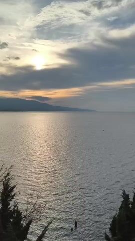 The video shows a wide expanse of water, likely a sea or large lake, under a cloudy sky at sunset. The sun is partially visible through the clouds, casting a shimmering reflection on the water's surface. In the distance, a hazy coastline with mountains is visible. In the foreground, dark green evergreen trees frame the bottom of the shot. In the water, two people are visible: one is standing, and the other is partially submerged. There is no indication of any specific actions or interactions occurring between them or with anything else in the scene. The overall mood is serene and natural.