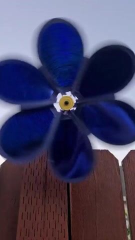 A close-up shot shows a blue pinwheel in the shape of a flower spinning against a bright, overcast sky. The pinwheel has five petal-shaped blades, each a deep, translucent blue, and a yellow center with black markings. The blades are in constant motion, blurring the image and creating a sense of speed.

Below the spinning pinwheel, a wooden fence is visible. The fence is made of vertical wooden planks with visible grain and texture. Some of the planks have small, evenly spaced vertical indentations, resembling pre-drilled holes or carved marks. The wood appears weathered, suggesting it is an outdoor structure.

The scene is bathed in diffused light, indicating it's likely daytime, possibly early morning or late afternoon due to the soft, shadowless illumination. The overall atmosphere is peaceful and tranquil, with the gentle movement of the pinwheel adding a touch of playful dynamism to the scene. There is no visible text in the media file.