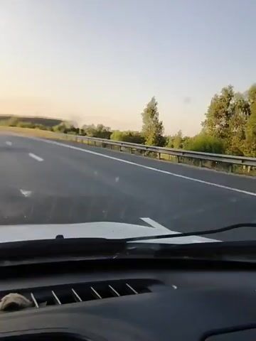 This video provides a first-person perspective from inside a car as it travels down a highway. The view is focused on the road ahead and the surrounding landscape.

The **scene** is a highway with multiple lanes, indicated by white lane markings. There are other vehicles on the road, including a car in front and to the left, and another vehicle further ahead on the right lane. The **setting** appears to be rural, with lush green trees and vegetation lining the sides of the highway. A guardrail separates the road from the adjacent fields or forests. The **time of day** is evident from the lighting conditions; the sky is clear and bright, with a warm, golden hue suggesting either early morning or late afternoon. The **weather** seems to be pleasant and fair, with no signs of rain or clouds.

The **activity** taking place is straightforward: driving on a highway. The camera is positioned to capture the road ahead, suggesting the driver is on a journey. There are no people clearly visible within the frame, only the occupants of the other vehicles. The focus is on the **objects** associated with the car itself, such as the windshield wipers and the dashboard in the foreground, and the general highway environment.

**Notable details** include the shadows cast by the car onto the road, which are long and slanted, further reinforcing the impression of either sunrise or sunset. The landscape appears somewhat undulating, with a gentle rise in the distance. There is no visible text within the video frame. The overall **emotion** conveyed is one of travel and perhaps a sense of freedom or journeying through an open landscape. The location context of Nastas'ino, Russia, places this highway scene within that specific geographical area.