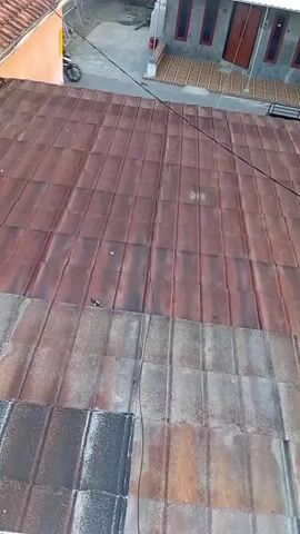 The video captures a view from a rooftop, looking down at a street and neighboring houses. The rooftop in the foreground is covered with weathered red and gray tiles, some of which appear to be dusty or dirty. In the background, a person is riding a motorcycle down the street. The houses visible have tiled roofs and are residential in appearance. The overall scene suggests an outdoor, everyday environment.