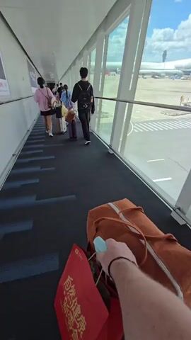 A first-person perspective shows a person walking down an airport jet bridge carrying a brown duffel bag and two red shopping bags. Ahead, several other passengers are walking in the same direction. The jet bridge has large windows on the right side offering a view of the tarmac, an airplane, and a control tower under a partly cloudy sky. The floor of the jet bridge is dark blue with a patterned design.