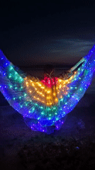 Rainbow LED wings light up a Chaikovsky waterfront at dusk