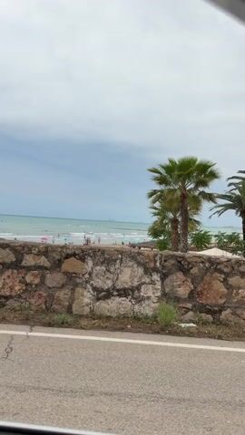 A person rides a bicycle from left to right on a road beside a stone wall. Behind the wall, a beach with people and a body of water with distant ships are visible. Palm trees are also seen.
