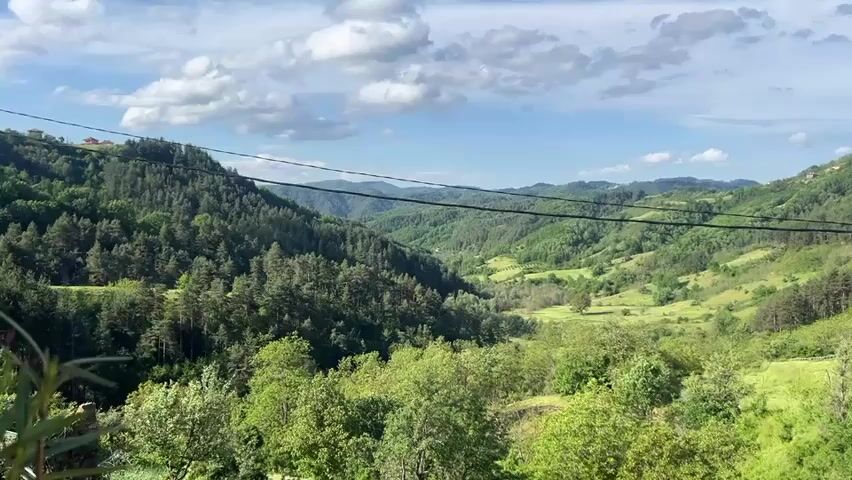 The video shows a mountain valley on a sunny day with fluffy white clouds in a blue sky. The valley is filled with trees and grassy fields, and power lines run across the landscape. The camera pans slightly to the right, revealing a small road with a utility pole beside it. There are no people visible.