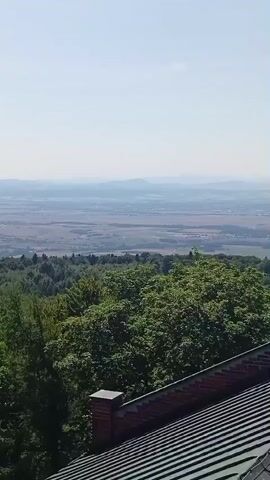 The video shows a wide view of a rural landscape from a high vantage point. In the foreground, a dark, tiled roof of a building with a brick chimney is visible. Beyond the roof, a dense green forest stretches across the middle ground, with some patches of lighter green indicating lighter foliage or clearings. In the distance, the landscape opens up to reveal agricultural fields in various shades of brown and green, interspersed with some trees and buildings. The horizon is hazy, with faint outlines of distant hills or mountains under a clear, light blue sky. The video appears to be taken on a sunny day. There are no people or animals visible in the video, and no actions or interactions are depicted. The camera is stationary throughout the clip.